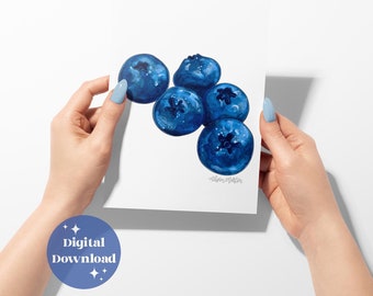 Blueberry Watercolor Print: Kitchen Art Fruit Poster Digital File (Instant Download)