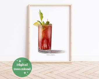 Canadian Caesar Cocktail Watercolor Print: Kitchen Art  or Bar Decor Digital File (Instant Download)