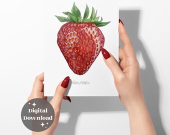 Strawberry Watercolor Print: Fruit Poster Kitchen Art Digital File (Instant Download)