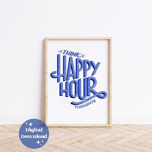 Happy Hour foodie muur kunst keuken decor bar poster blauw esthetische retro cocktail boekdruk gelukkige gedachten kaart cadeau digitaal bestand
