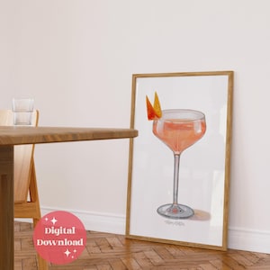 Avión de papel Cóctel Foodie Pared Arte Cocina Decoración Aperol Bourbon Cóctel Cartel Watecolor Drink Bar NY Sidecar Rosa Estética Archivo Digital