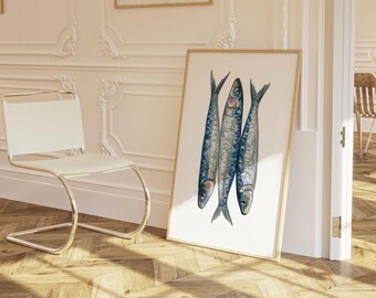 Sardines Watercolor Painting: Mediterranean Seafood Kitchen Decor Foodie Art (Multiple Size & Finish Options)