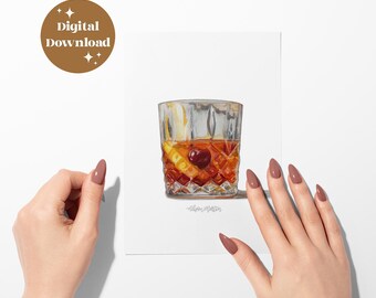 Old Fashioned Poster: Watercolour Print Whisky Bar Decor Cocktail Foodie Wall Art Bourbon Lover Gift for Him Digital File (Instant Download)