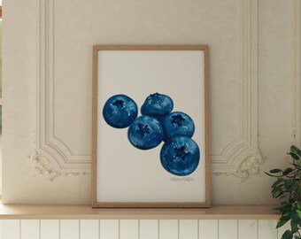 Blueberries Watercolour, Blueberry Art, Berries, Watercolour Food, Kitchen Wall Art, Food Poster Painting, Digital Download, Foodie Gift