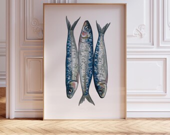 Sardines Watercolor Painting: Mediterranean Seafood Kitchen Decor Foodie Art (Multiple Size & Finish Options)