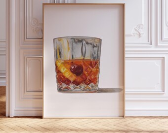 Old Fashioned Cocktail Watercolour Painting: Foodie Wall Art Kitchen Poster Whisky Lover Gift Drink Print (Multiple Size & Finish Options)