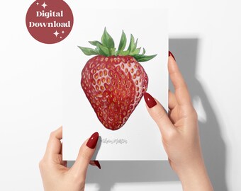 Strawberry Watercolor Print: Fruit Poster Kitchen Art Digital File (Instant Download)