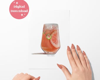 Paloma Cocktail Watercolor Print: Spicy Tequila Kitchen Art or Bar Decor (Instant Digital Download)