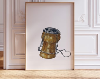 Champagne Cork Watercolor Painting: Vintage Luxe Kitchen Art (Multiple Size & Finish Options)