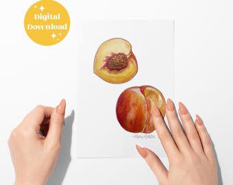 Peaches Watercolor Print: Fruit Poster Kitchen Art Digital File (Instant Download)
