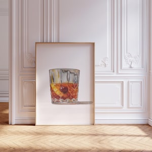 Old Fashioned Drink Cocktail Wall Art Retro Kitchen Bar Decor Bourbon Lover Whiskey Poster MCM Vintage Suits Mad Men Dad Gift Painting Print