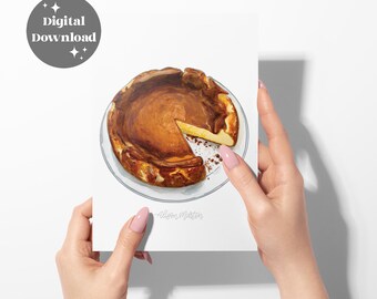 Basque Burnt Cheesecake Watercolour Painting Spanish Dessert Illustration Kitchen Foodie Wall Art Digital File (Instant Download)