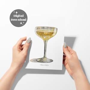 May include: A watercolor illustration of a champagne coupe glass filled with a golden sparkling liquid. The artwork features a signature at the bottom and a circular badge in the upper left corner with the text Digital Download.