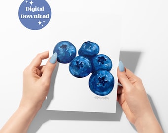 Blueberry Watercolor Print: Kitchen Art Fruit Poster Digital File (Instant Download)