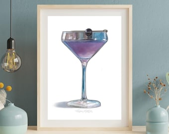 Aviation Cocktail Watercolour Painting: Gin Drink Illustration Kitchen Decor Bar Wall Art Print (Multiple Size & Finish Options)