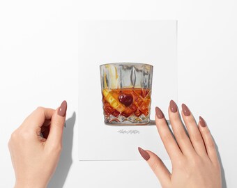 Old Fashioned Cocktail Watercolour Painting : Kitchen Art or Bar Decor (Multiple Size & Finish Options)