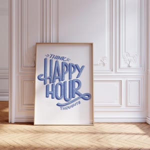 Happy Hour Poster Wall Art Letterpress Print Kitchen Decor Handlettered Bar Sign Blue Aesthetic Retro Letterpress Cocktail Art Drinks Gift