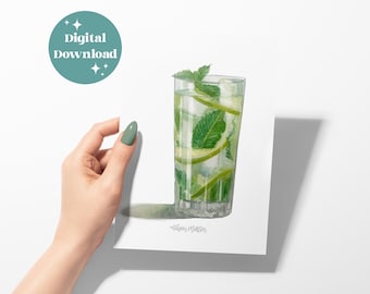 Mojito Cocktail Watercolor Print: Kitchen Art or Bar Decor Digital File (Instant Download)