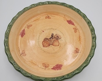 Russ Berrie Ceramic Fall Pie Plate 9.5" Diameter Acorns Harvest Leaves Ceramic