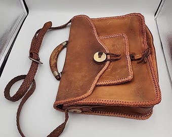 Vintage Four Winds leren boekentas houten handvat hoornsluiting groot