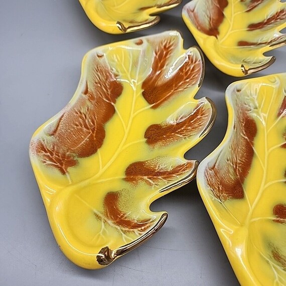 Calif 800 USA Yellow Orange Leaf Serving Dish Gold Trim Vintage