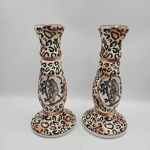 Vintage Monkey Animal Print Candlestick Holders Ceramic 9.5" Set Of 2 Pair