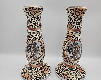 Vintage Monkey Animal Print Candlestick Holders Ceramic 9.5" Set Of 2 Pair