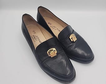 Zapatos mocasines vintage St John para mujer, talla 5, de piel negra, fabricados en Italia.