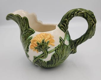 Brocca/lattiera in ceramica vintage con girasoli e foglie verdi, 10 cm