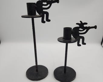 Vintage Artisian Kokapelli Metall geschweißte Stahl Kerzenhalter-Set 2 Stück