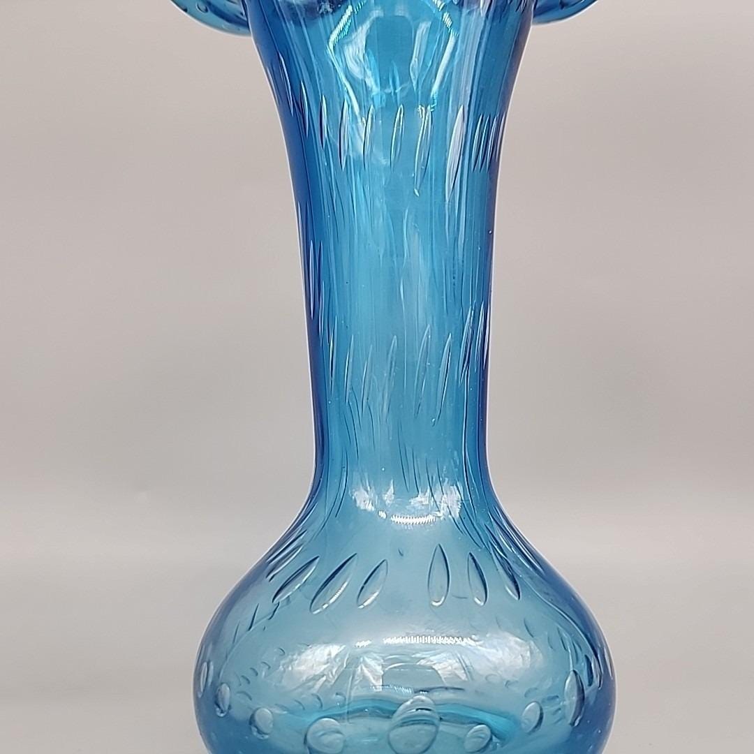Vintage Jack in the Pulpit Vase Art Glass Blue W/ Clear Bubble 7 3