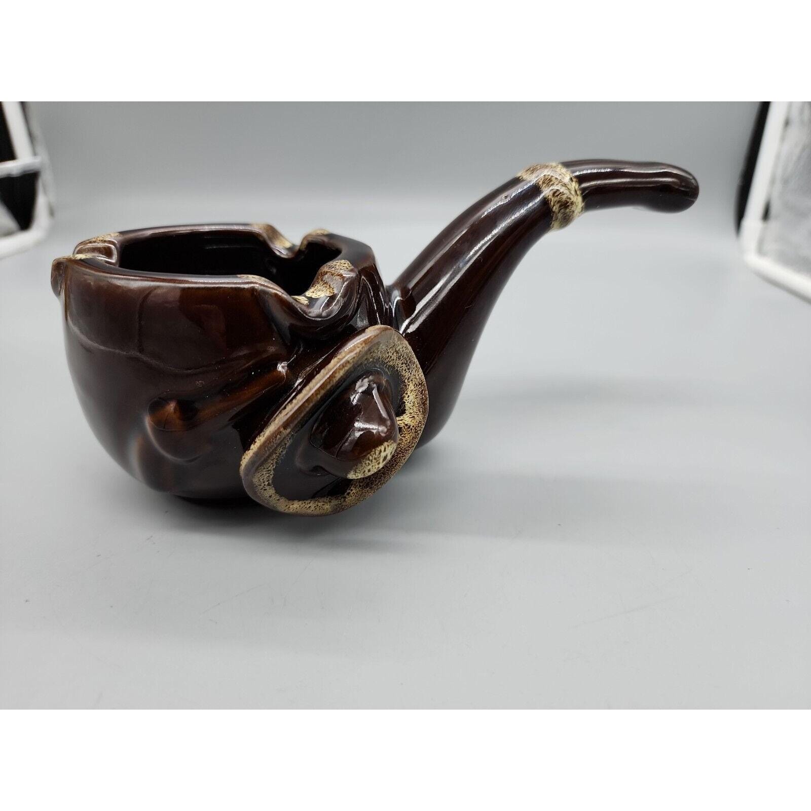 Vtg 1960s Ashtray/planter Ceramic Pipe Shaped Brown Glaze Cowboy