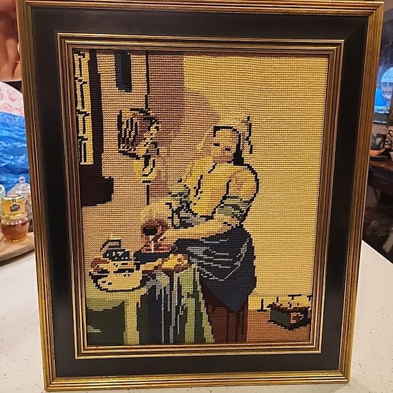 Vintage Framed Needlepoint Reproduction of Rembrandt Art Milkmaid