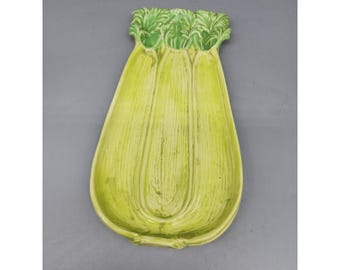 Vintage Mid Century Modern USA Pottery Green Celery Shaped Dish 10.5 Inches Long