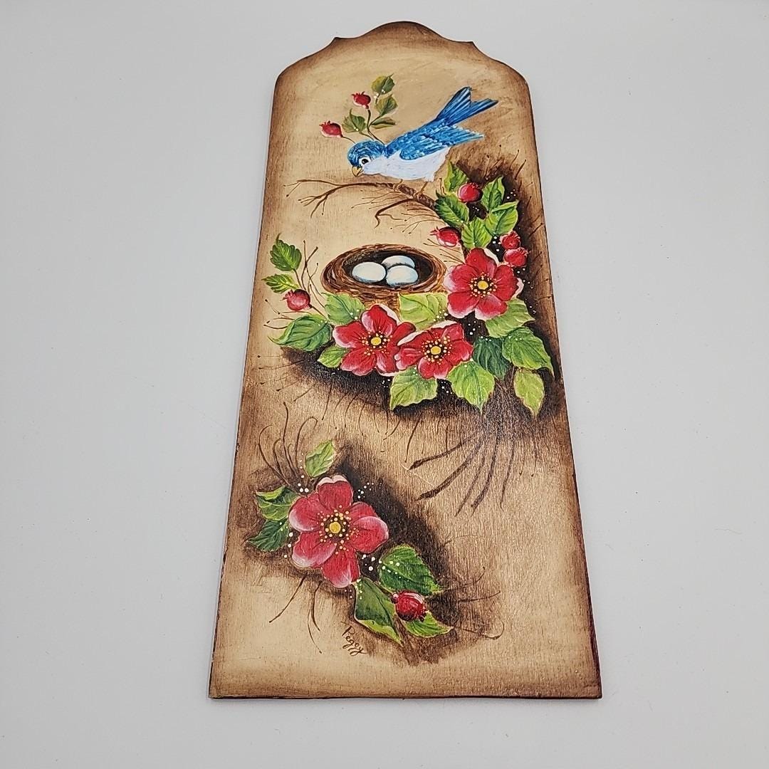 Vintage Folk Wall Art Hand-painted on Wood Blue Bird Nest Flowers Peggy ...