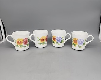 Corning Summer Blush Pansy Flower Coffee Mugs 8 oz Set of 4 Vintage Retired