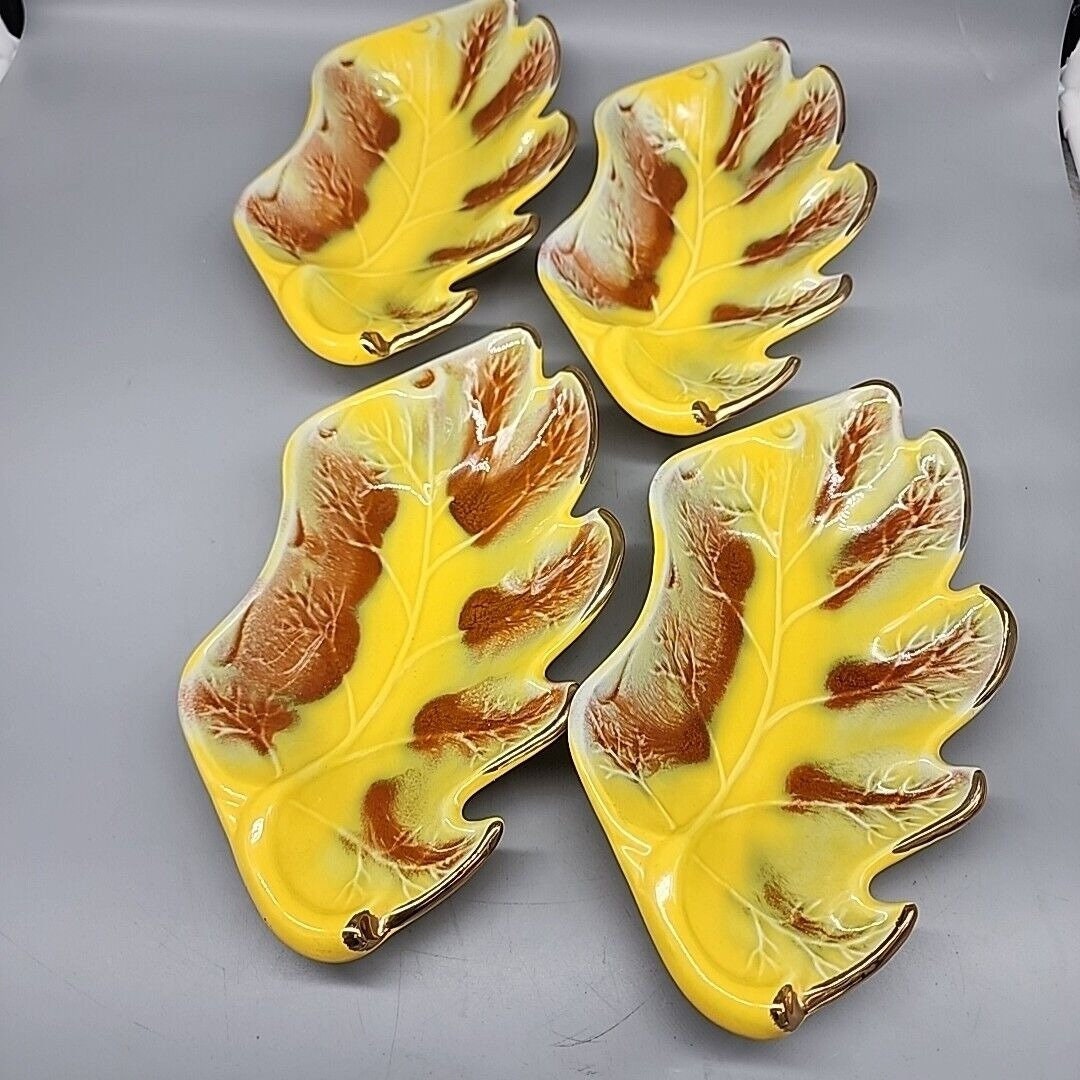 希少品！70's〜アメリカアンティーク　樹脂製三つ葉皿容器USAヴィンテージ雑貨 Calif 800 USA Yellow Orange Leaf Serving Dish Gold Trim Vintage