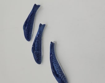 3 VTG Koi Fish Blue White Porcelain Chopsticks Rests Knife Holders 3” L Japan