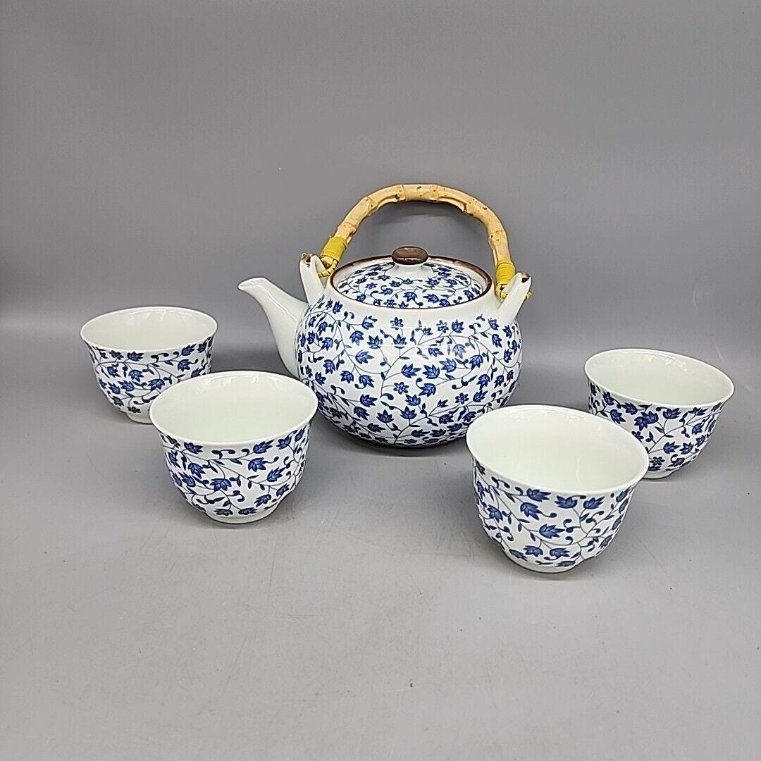 Japanese Teapot Set 4 Cups Blue Floral White Porcelain Bamboo