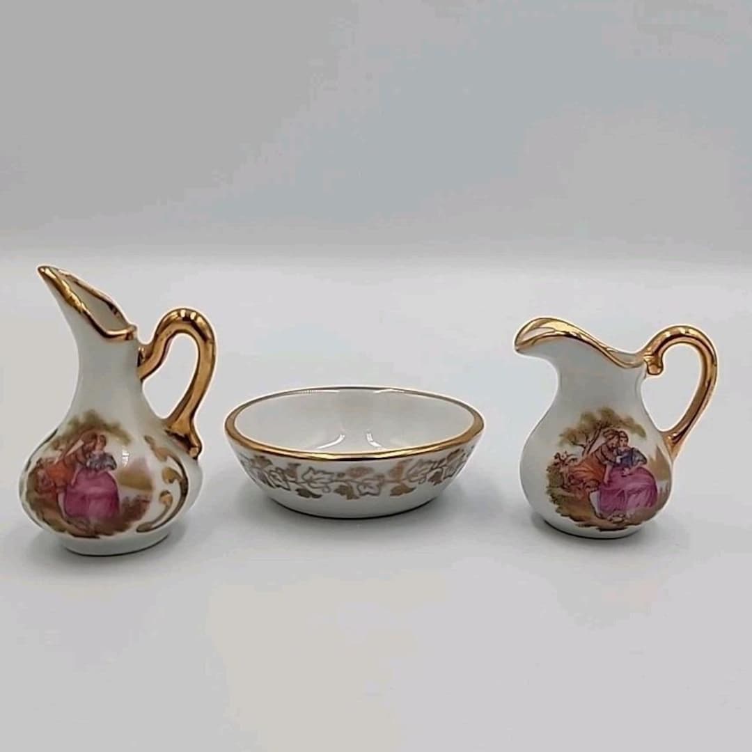 Limoges France Miniature Pitcher Basin Bowl and Gold Trim Set of 3