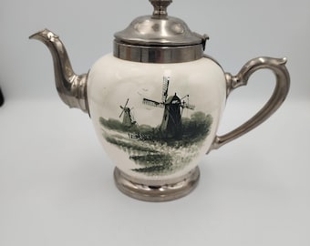 Vintage Ceramic & Silver Tea Pot Green Transferware Made In Germany 1 1/3L