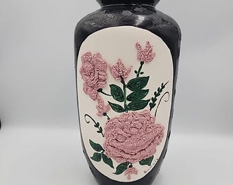 Jarrón de cerámica vintage con forma de rosa, pintado a mano, 30 cm de alto, color negro, 3D.
