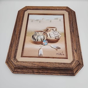 Cuadro antiguo enmarcado de cerámica de Acoma Pueblo, artista nativo americano, 16x13 pulgadas.