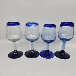 Mexican Recycled Hand Blown Wine Glass Goblets Cobalt Blue Rim Base Set Of 4