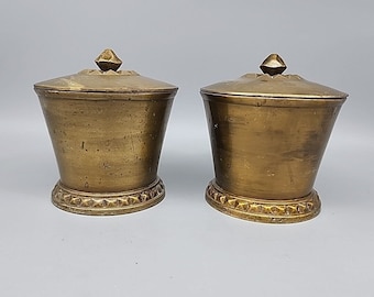 Pair Bathroom Cotton Ball Brass Canisters with Lids Made In India 4" Tall