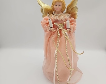 Angel Tree Topper Christmas Lighted Pearled Peach Gold Porcelain Face Hands 10"