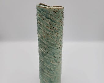 Jarrón vintage de cerámica texturizada de gres, hecho a mano, de 20 cm, color azul tostado