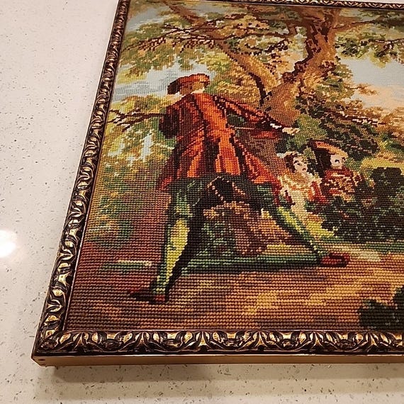 ヨーロッパアート　額縁セット　NEEDLEPOINT Vintage Vintage Needlepoint Tapestry; Woman With Parrot - Etsy