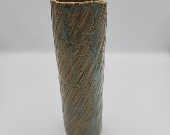Jarrón vintage de cerámica texturizada de gres, hecho a mano, de 20 cm, color azul tostado