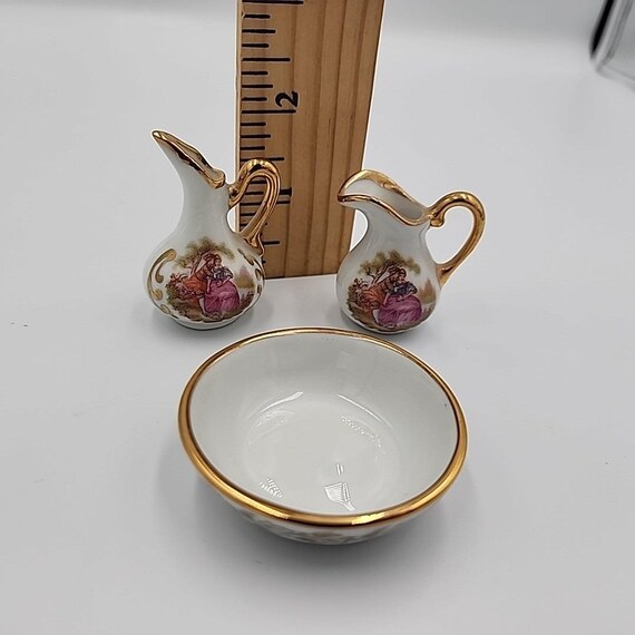 Limoges France Miniature Pitcher Basin Bowl and Gold Trim Set of 3
